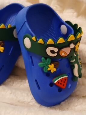 Baby/Kids Blue Croc-Style Clogs with Green Cartoon Strap